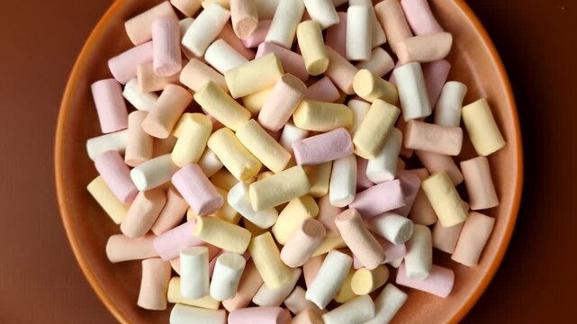 Mini marshmallows in white, pink, and pastel colors, a colorful Christmas dessert. Marshmallows as a food background for your design