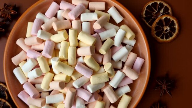 Mini marshmallows in white, pink, and pastel colors, a colorful Christmas dessert. Marshmallows as a food background for your design