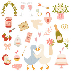 Romantic valentine's day elements celebrating love and wedding