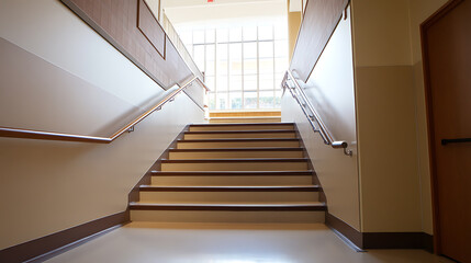 A bright staircase with wooden handrails leads towards a window, creating a sense of movement and openness in the building's interior architecture.