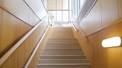 An upward view of indoor staircase with wooden walls and natural light, offering a clean, bright design. Ideal for architecture and interior design concepts.