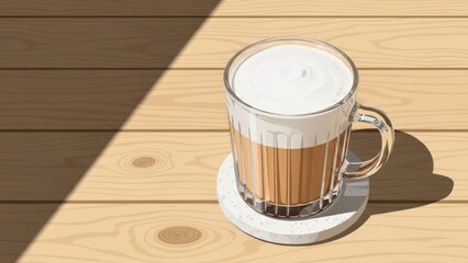 Delicious latte in a clear glass mug on a wooden table