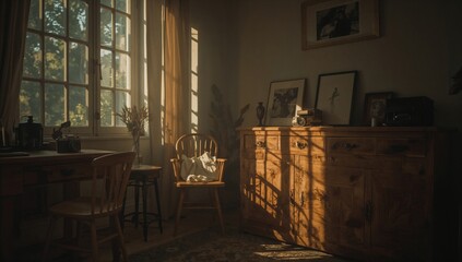 Sunlight Shines Through Windows in a Cozy Room With Vintage Furniture and a Wooden Table