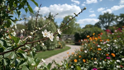 Blossoms and Flowers in a Garden During Daytime With Blue Sky and Clouds