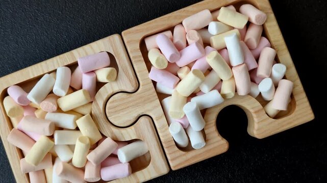 Mini marshmallows in white, pink, and pastel colors, a colorful Christmas dessert. Marshmallows as a food background for your design