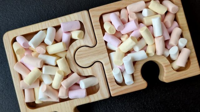 Mini marshmallows in white, pink, and pastel colors, a colorful Christmas dessert. Marshmallows as a food background for your design