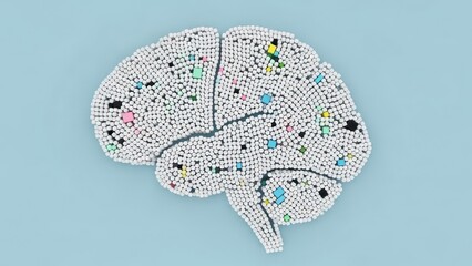 Mosaic brain illustration with colorful pixels on light blue background