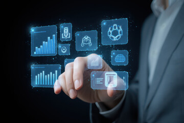 Person interacts with digital holographic interfaces displaying various data visualizations, graphs, and icons, representing technology and innovation