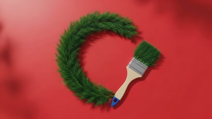 Creative paintbrush with green bristles forming a wreath on red