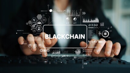 Business professional engaging with blockchain technology illustration on digital interface with data and graphs. Asymptotic smart data analytic.