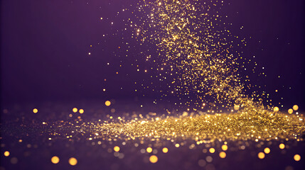 Gold Glitter Particles Falling on Dark Purple Surface