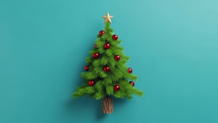 Minimalist Christmas tree with red ornaments on teal background