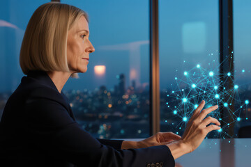 Professional woman interacts with digital network interface, showcasing innovation and technology in modern office setting. city skyline is visible in background, creating dynamic atmosphere