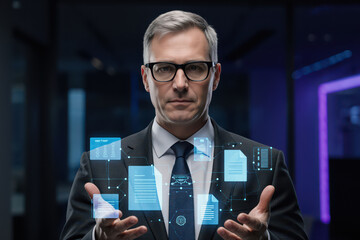 Professional man in suit stands confidently, displaying holographic digital documents and data visualizations. futuristic setting enhances theme of technology and innovation