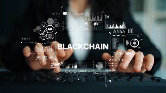 Business professional engaging with blockchain technology illustration on digital interface with data and graphs. Asymptotic smart data analytic. - Powered by Adobe