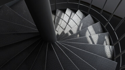Spiral staircase with dramatic lighting and metal steps