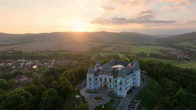 Aerial view of Halic Castle in the village of Halic in Slovakia - Sunset