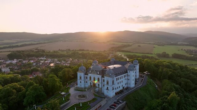 Aerial view of Halic Castle in the village of Halic in Slovakia - Sunset