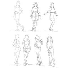 Continuous Line Drawing of Young Women Posing in Various Styles.