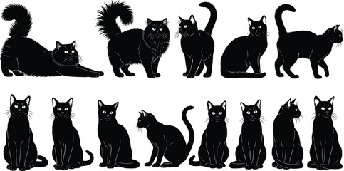 Black cat silhouette set, multiple feline poses, sitting walking stretching cats, animal vector illustration, pet design collection © Julfikar