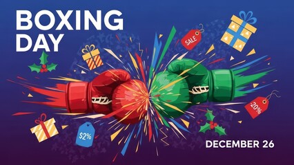 Vibrant Boxing Day illustration with explosive boxing gloves and holiday gifts