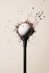 Golf ball exploding in a dramatic display of force.