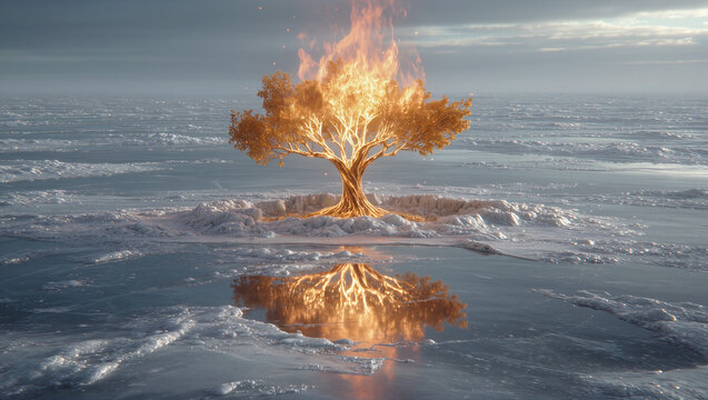 Burning Tree Reflection in Ethereal Landscape
