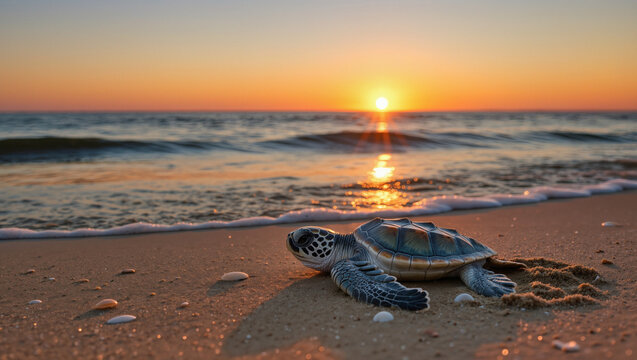 Baby green sea turtle on sandy shore during golden hour sunrise