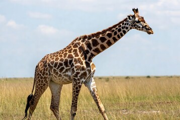 A majestic giraffe gracefully walks across the sunny African savanna