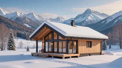 Idyllic modern wooden cabin in a sunny winter wonderland with majestic snowy mountains