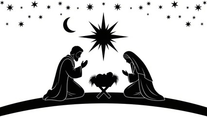 Silhouette of Mary and Joseph kneeling beside Jesus' manger under starry night sky