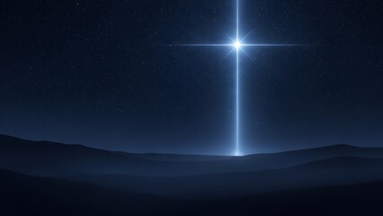 Shining star forming a cross in a dark night sky over mountains
