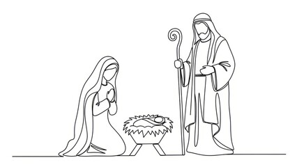 Mary and Joseph kneeling beside Jesus' manger in a simple line drawing