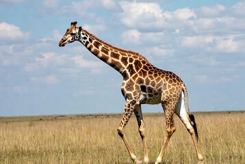 Fototapeta premium Reticulated giraffe gracefully walking through golden savanna grass