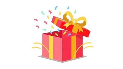 Vibrant red gift box with gold ribbon and confetti popping open