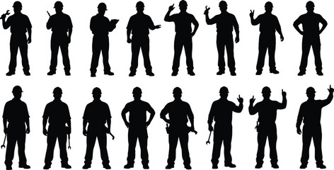 Construction worker silhouette set, builder handyman poses with tools, industrial labor teamwork concept, professional repair service vector illustration