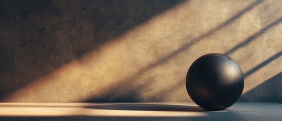 Dark sphere set against textured wall, bathed in sunlight.