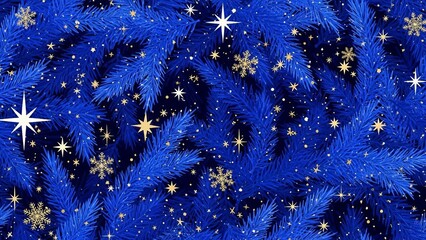 Vibrant blue Christmas background with gold snowflakes and stars shining brightly