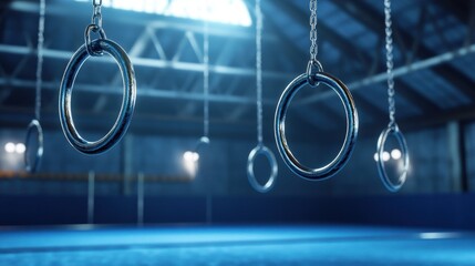 Metal rings hang from the ceiling of an indoor workout space.