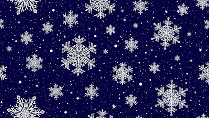 Snowflakes falling on dark blue background with white stars