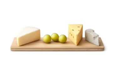 Assorted cheeses and grapes, display on a transparent background image.