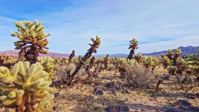 Dense fields of teddy bear cholla create a surreal desert landscape at Cholla Cactus Garden in Pinto Basin California
