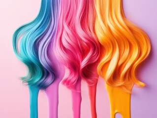 Vibrant, multi-colored hair strands cascading down a pastel background.