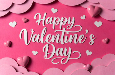 A festive greeting for valentine's day with pink hearts and layered clouds on a vibrant pink background
