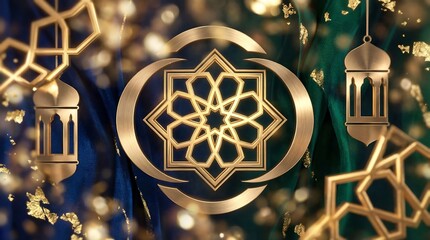 Gold islamic geometric patterns with lanterns on blue green background