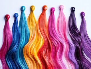Colorful hair strands showcasing various vibrant dye shades.