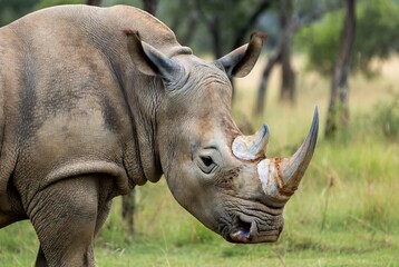 Obraz premium Close-up profile of a majestic rhinoceros standing in a natural grassy