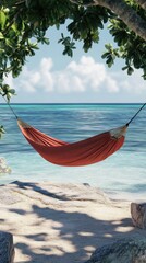 Relaxing hammock on a tropical beach under a leafy canopy.
