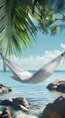 Tranquil white hammock, tropical beach scene.