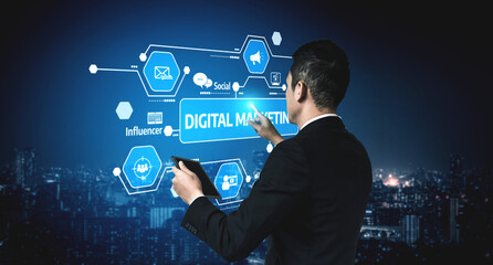 A business professional engages with a futuristic digital marketing interface, featuring various icons related to social media and influencer strategies in a night cityscape. Tessel